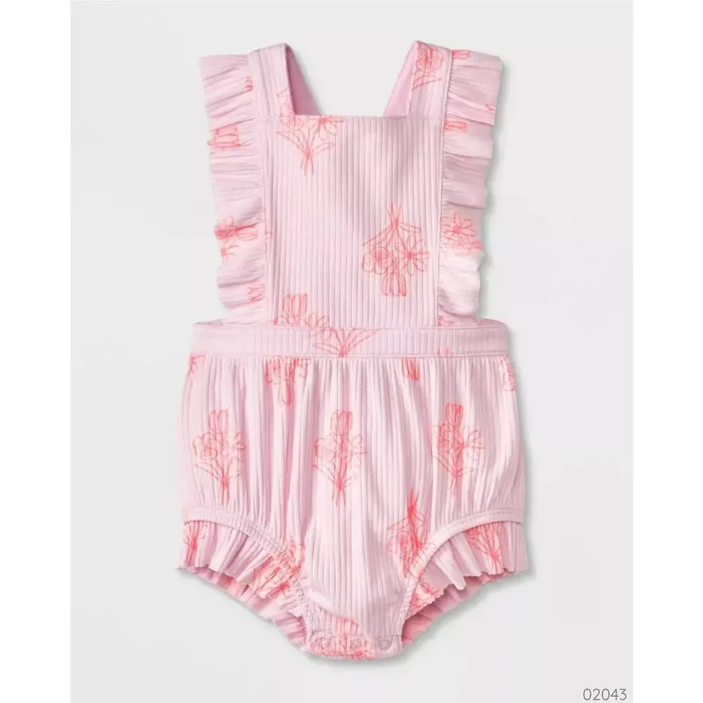 Cat & Jack Pink Floral Ribbed Ruffle Romper
